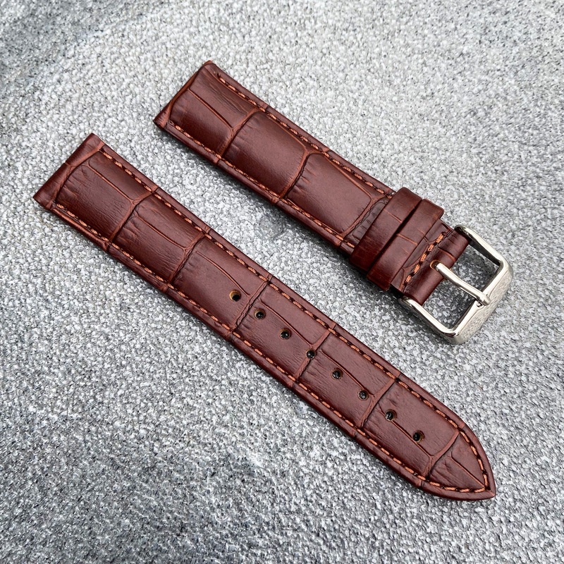 18mm/20mm Brown Handcraft Alligator-embossed Italian Cowhide Leather Watch Strap w/Brown Stitching