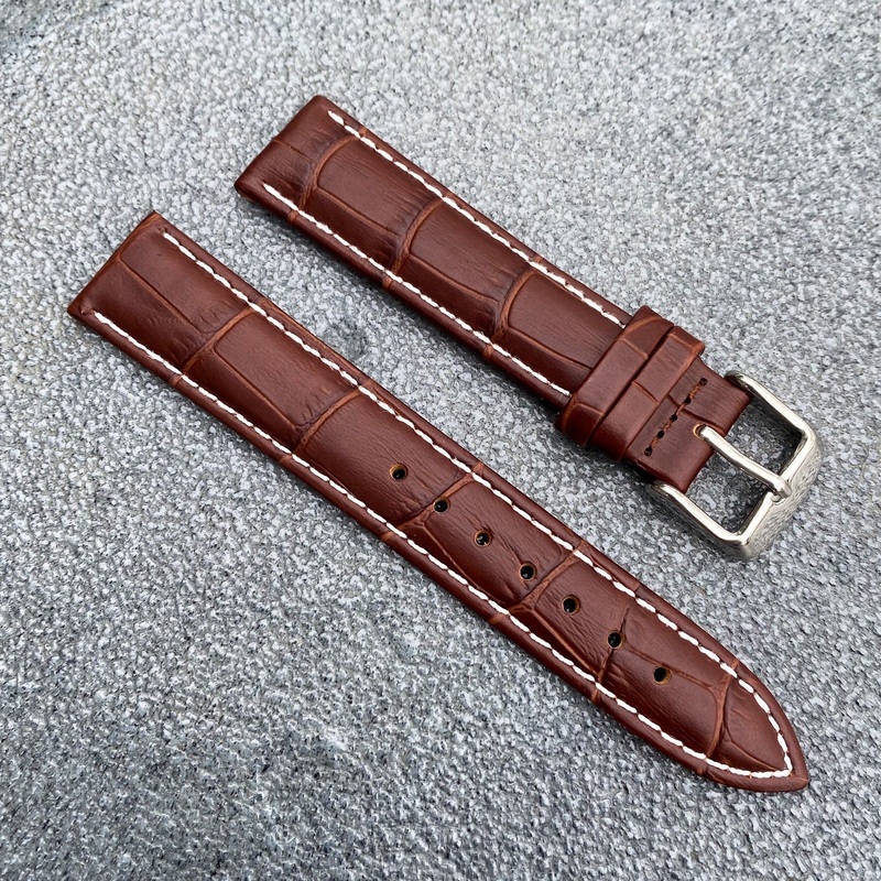 18mm/20mm Brown Handcraft Alligator-embossed Italian Cowhide Leather Watch Strap w/White Stitching