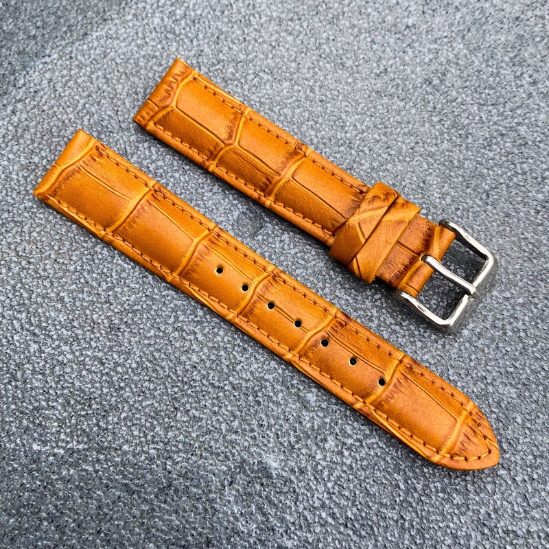 18mm/20mm Orange Handcraft Alligator-embossed Italian Cowhide Leather Watch Strap w/Orange Stitching