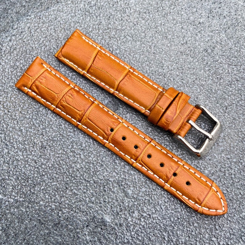 18mm/20mm Orange Handcraft Alligator-embossed Italian Cowhide Leather Watch Strap w/White Stitching