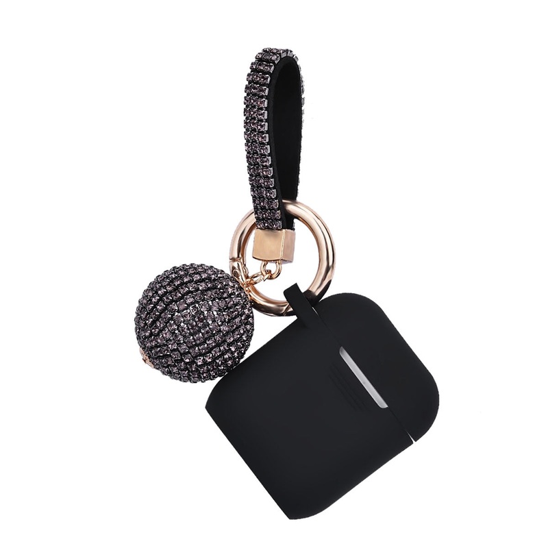 Fashion Case Protector With Decorative Bling Strap and Ball Compatible For Use With Apple AirPods Black