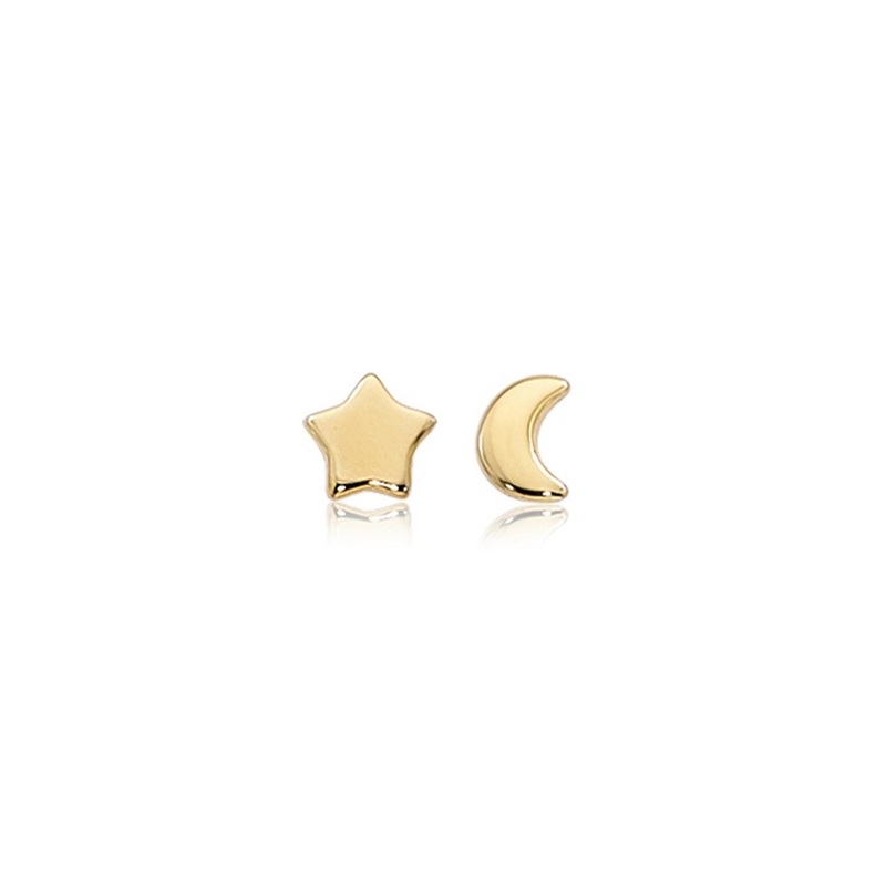 14k Gold 8mm Flat Star & Moon Stud Earrings Gold