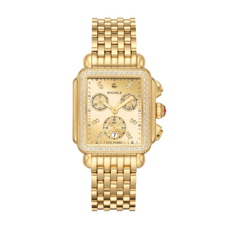 Michele Deco High Shine Gold Chronograph Dial Watch with Diamond Embezzled Gold and Gold Linked Band Diamond Gold