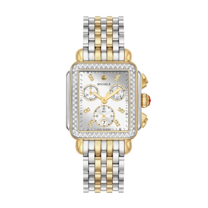 Michele Deco High Shine Silver Dial Watch with Diamond Embezzled Silver Case and Two Tone Chronograph Diamond 2-tone Stainless