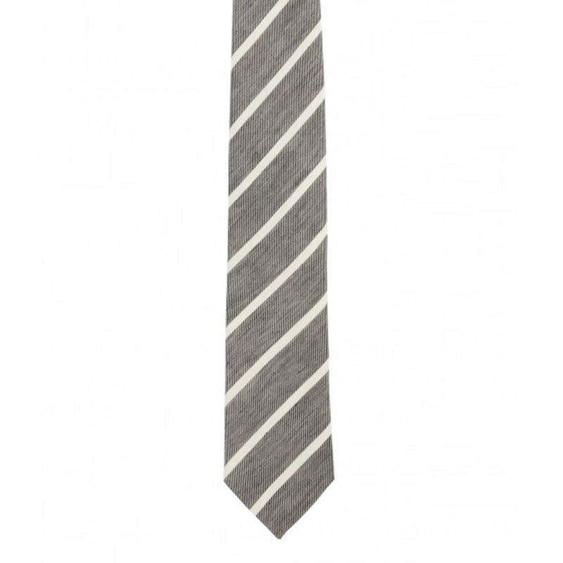 Grey and White Striped Linen and Cotton Blend Tie