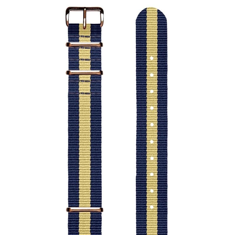 Navy Blue and Yellow Striped 18mm NATO Watch Strap (Rose Gold Fittings)
