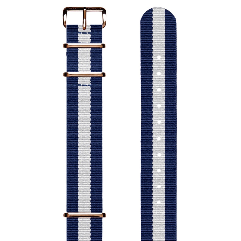 Navy Blue and White Striped 20mm NATO Watch Strap (Rose Gold Fittings)
