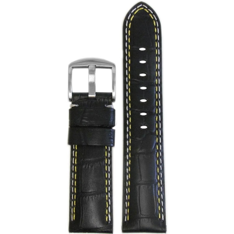 Black Embossed Leather Gator Print Watch Band | Padded | White and Yellow Stitch + Lining |