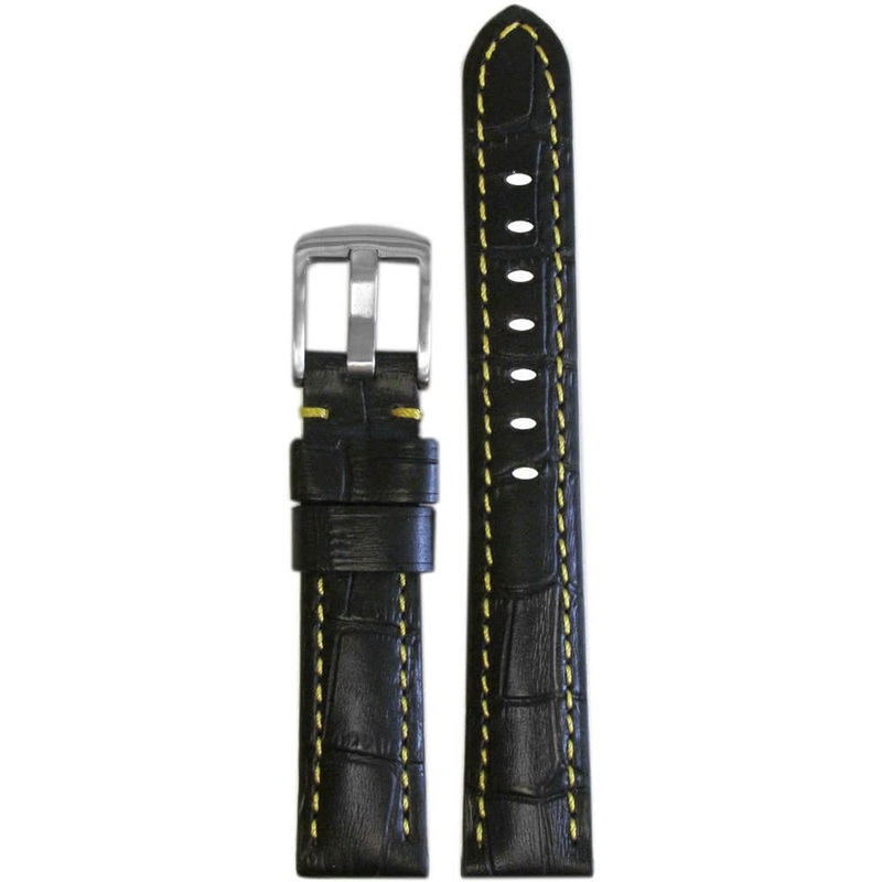 Black Embossed Leather Gator Print Watch Band | Padded | Yellow Stitch + Lining