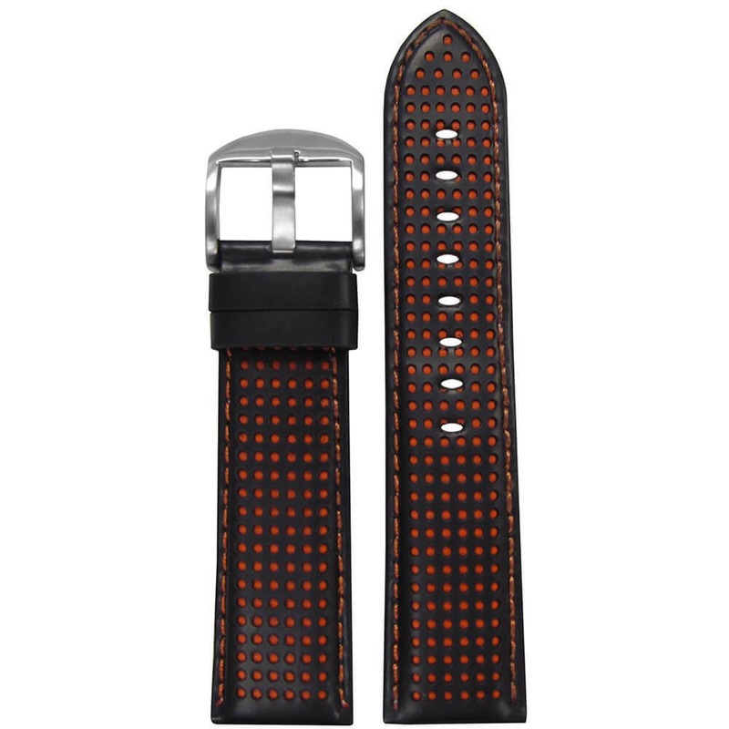 Black Perforated Leather Watch Band | Padded | Orange Holes and Stitch