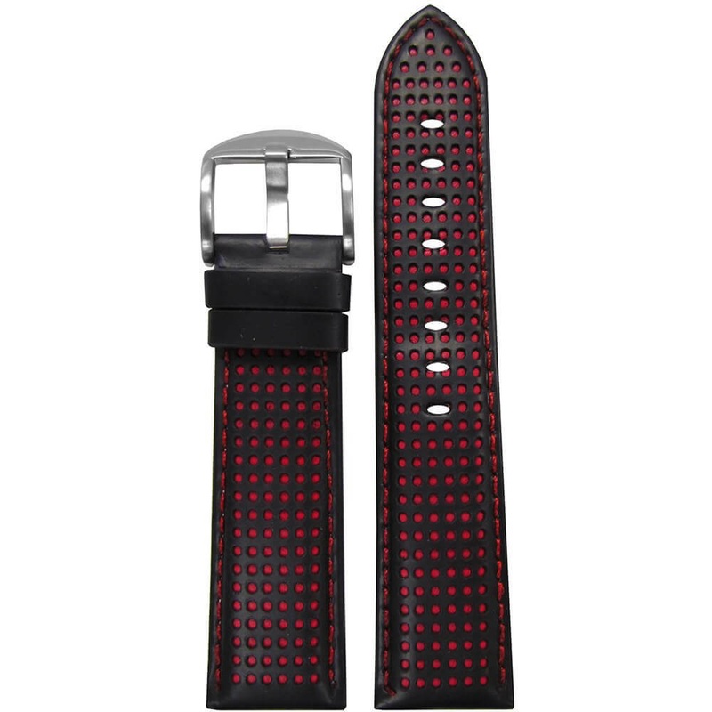 Black Perforated Leather Watch Band | Padded | Red Holes and Stitch