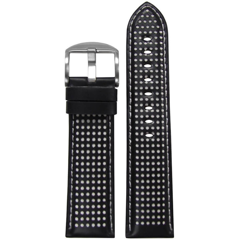 Black Perforated Leather Watch Band | Padded | White Holes and Stitch