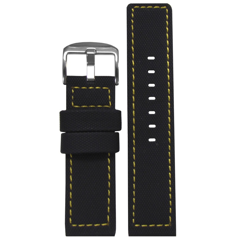 Black PU Ballistic Watch Band | Waterproof | Yellow Stitching