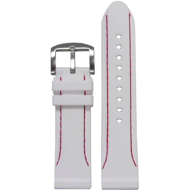 Waterproof Silicone Watch Band | Diver | White | Red Stitching