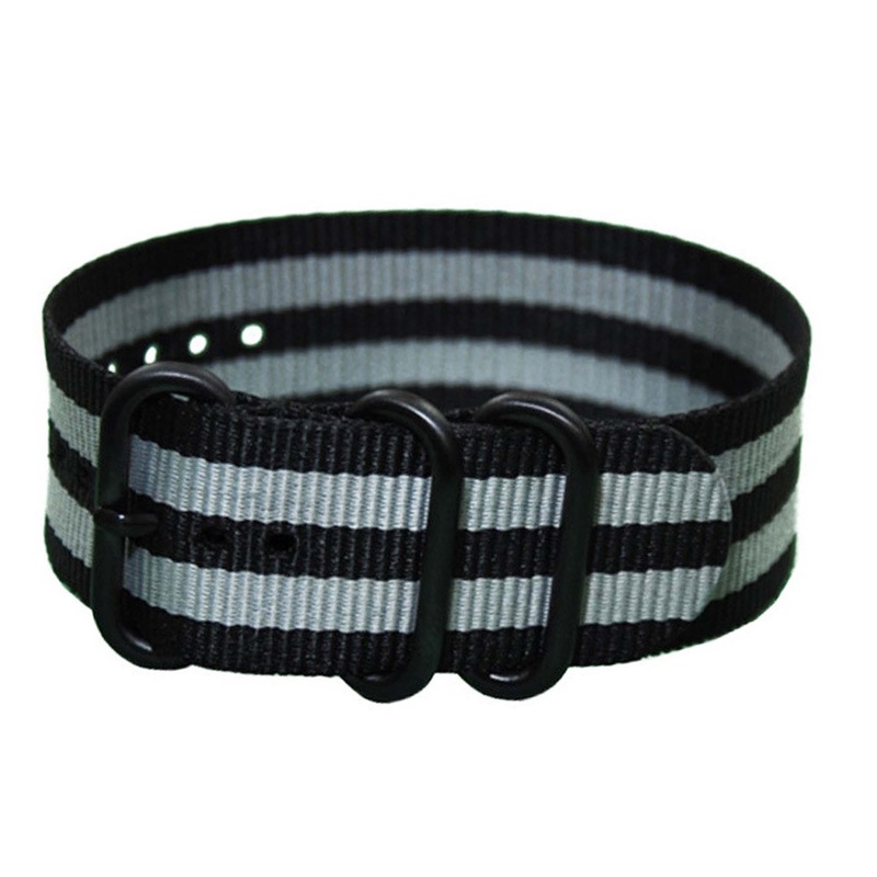Ballistic Nylon Watch Band | 3 Ring | Black | Bond Double Grey Stripe | PVD (Black) Hardware