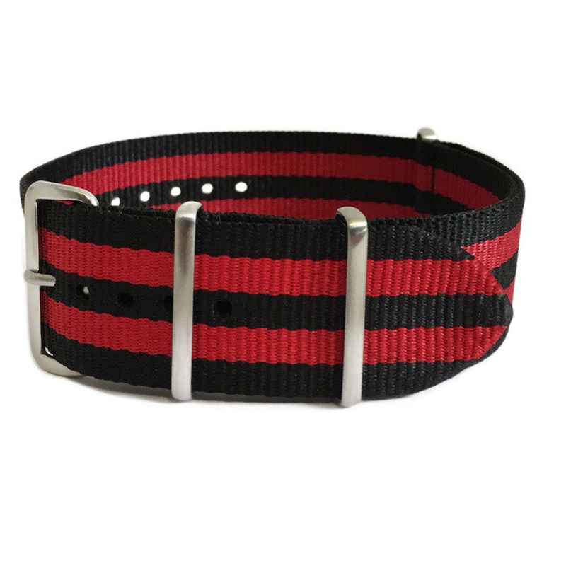 Ballistic Nylon Watch Band | 4 Square Ring | Double Red Stripe | Brushed Hardware
