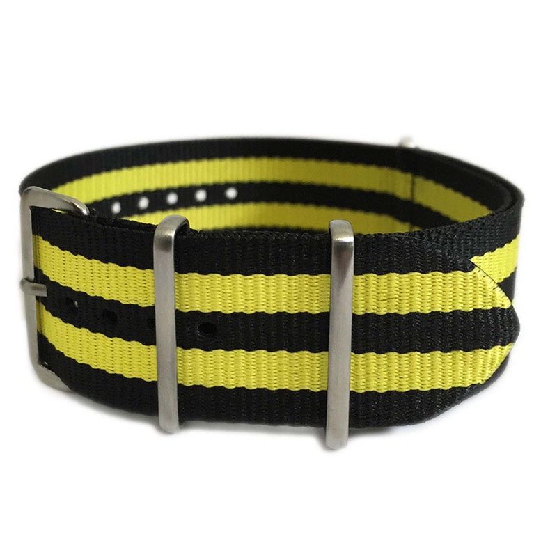 Ballistic Nylon Watch Band | 4 Square Ring | Double Yellow Stripe | Brushed Hardware