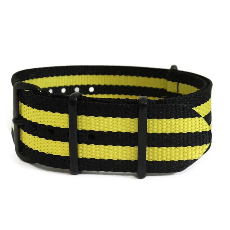 Ballistic Nylon Watch Band | 4 Square Ring | Double Yellow Stripe | PVD (Black) Hardware