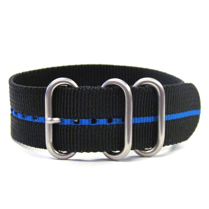 Ballistic Nylon Watch Band | 3 Ring | Black | Blue Stripe | Brushed Hardware