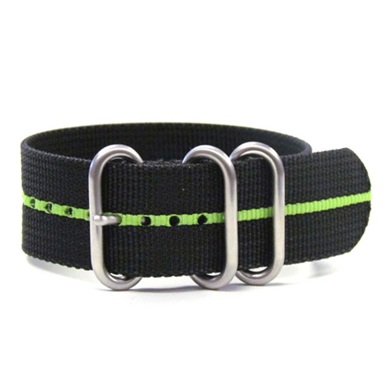 Ballistic Nylon Watch Band | 3 Ring | Black | Green Stripe | Brushed Hardware