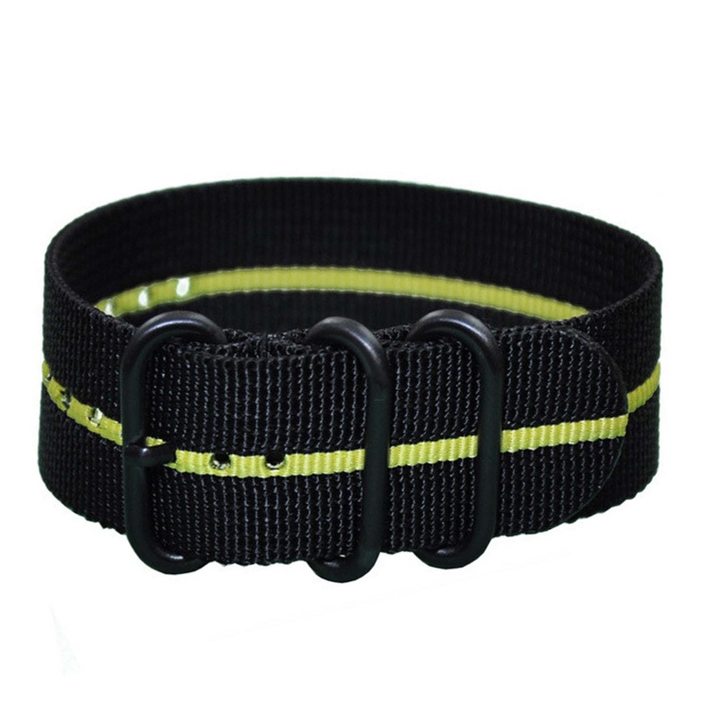 Ballistic Nylon Watch Band | 3 Ring | Black | Yellow Stripe | PVD (Black) Hardware
