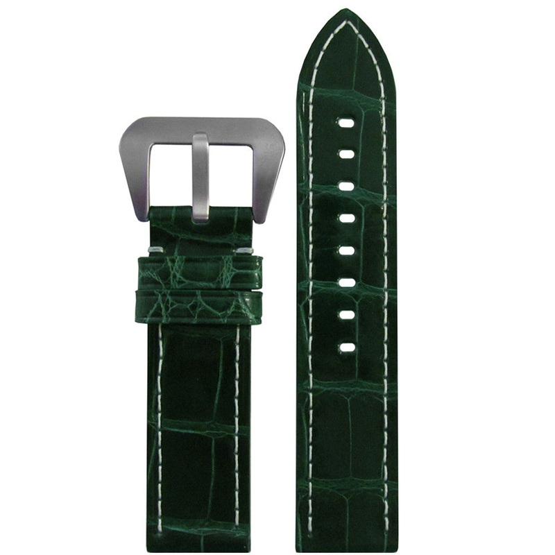 Alligator Skin Watch Band | Glossy Finish | Flat | Green | White Stitch