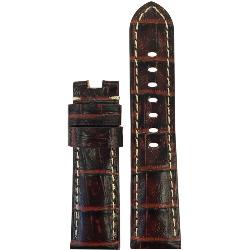 Embossed Leather Watch Band | Gator Print | Semi-Gloss | Brown | White Stitch | for Panerai Deploy