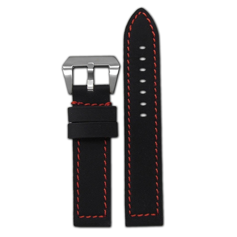 “KVLR” Style Leather Watch Band | Water Resistant | Flat | Black | Red Stitch