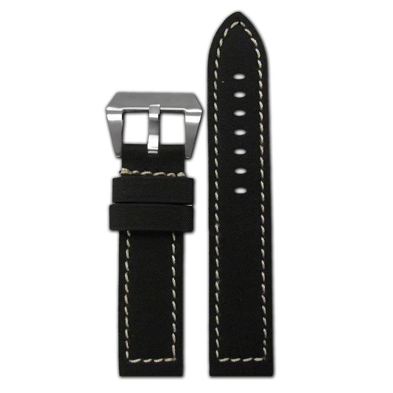 “KVLR” Style Leather Watch Band | Water Resistant | Flat | Black | White Stitch