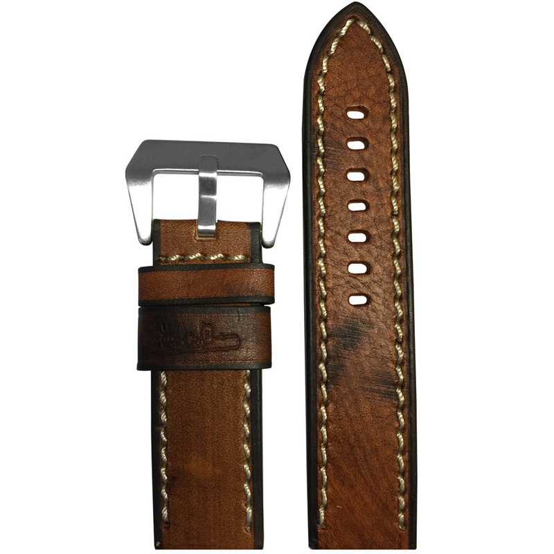 Vintage Leather “Submarine” Watch Band | Brown Burnt | White Stitch
