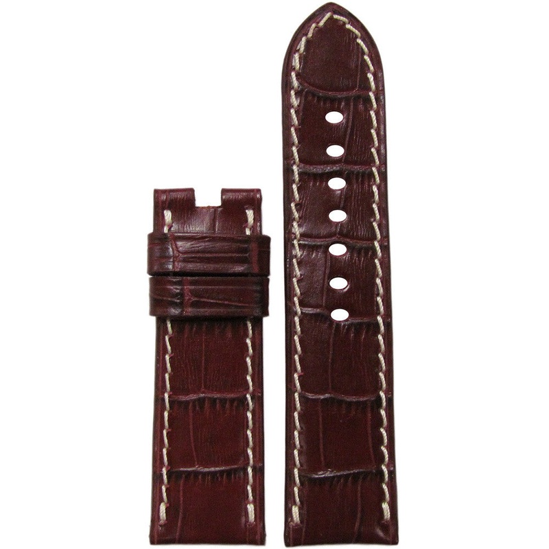 Embossed Leather Watch Band | Gator Print | Burgundy | White Stitch | For Panerai Deploy