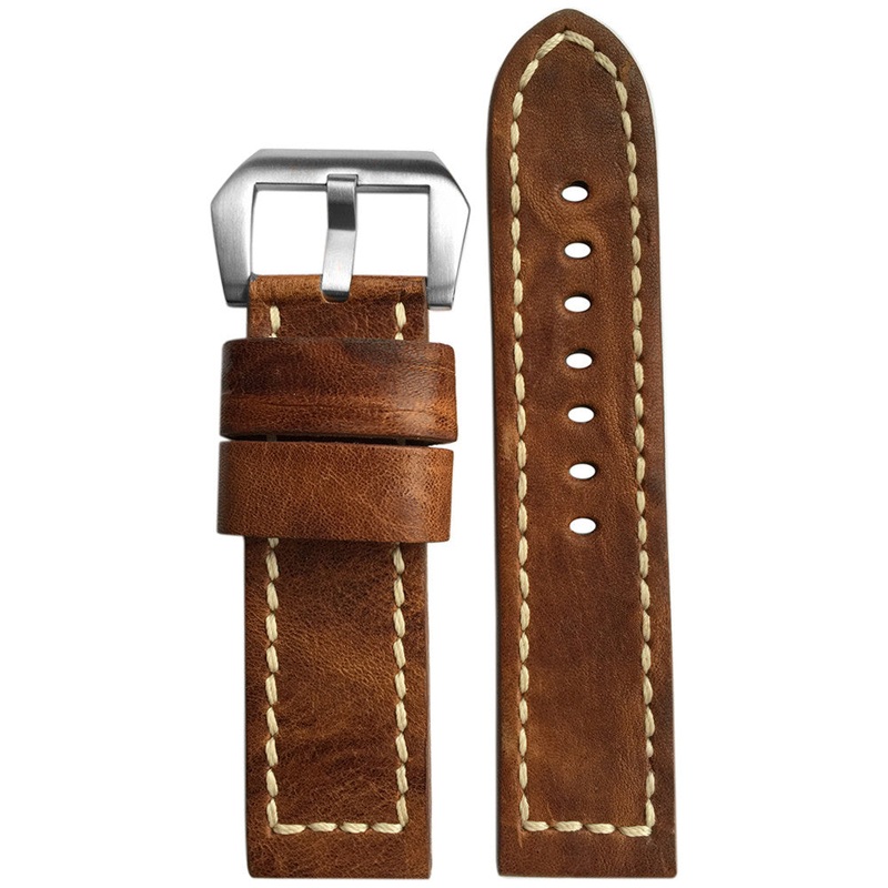 Vintage Leather Watch Band | Flat | Burnt Chestnut | White Stitch | For Panerai