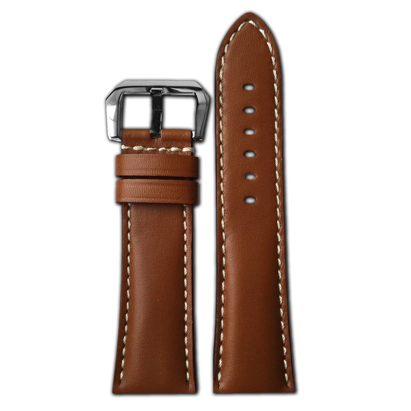 Smooth Calf Leather Watch Band | Brown | White Stitch | For Panerai Radiomir