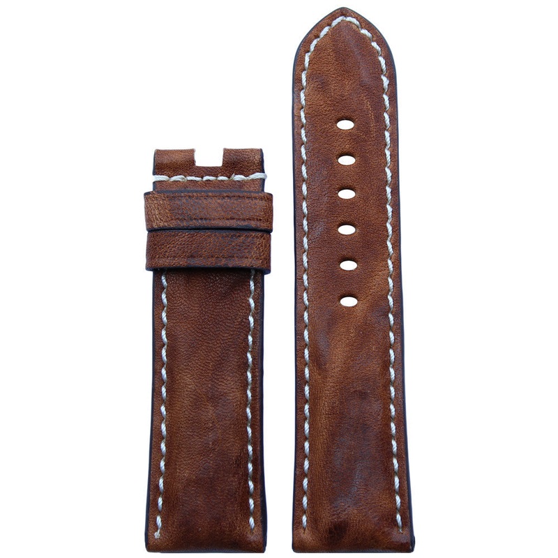 Vintage Leather Watch Band | Burnt Chestnut | White Stitch | For Panerai Deploy