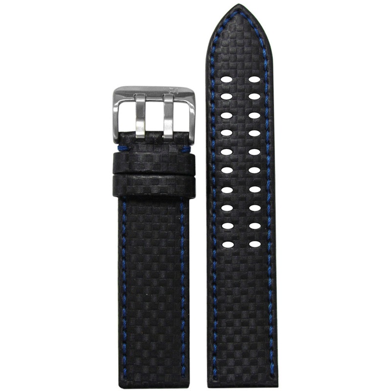 Black Carbon Fiber Style Watch Band | Blue Stitch | Stainless Steel Double Tang Buckle