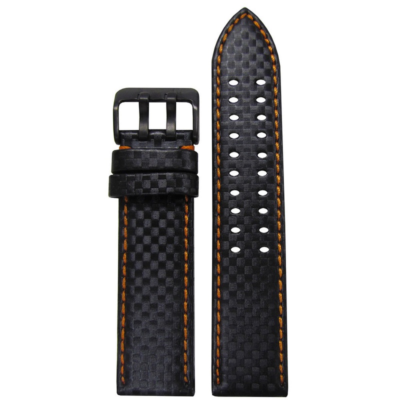 Black Carbon Fiber Style Watch Band | Orange Stitch | PVD (Black) Double Tang Buckle