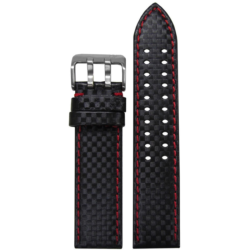 Black Carbon Fiber Style Watch Band | Red Stitch | Stainless Steel Double Tang Buckle