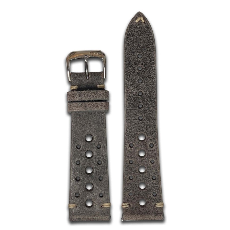 Vintage Leather Watch Band | Racing Holes | Charcoal | Cream White Stitch