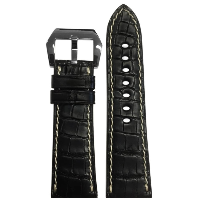 Matte Genuine Alligator Watch Band | Black | White Stitch | For Panerai Radiomir