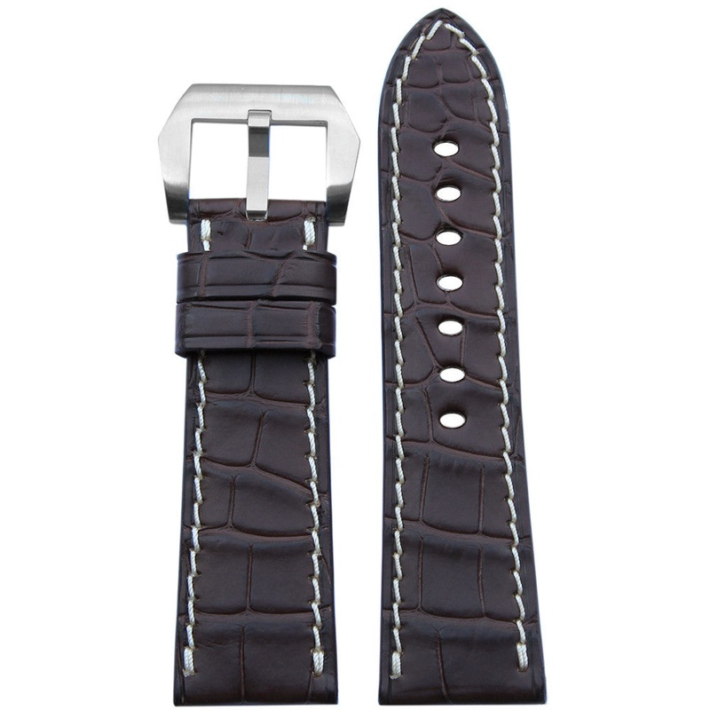 Matte Genuine Alligator Watch Band | Dark Brown | White Stitch | For Panerai Radiomir