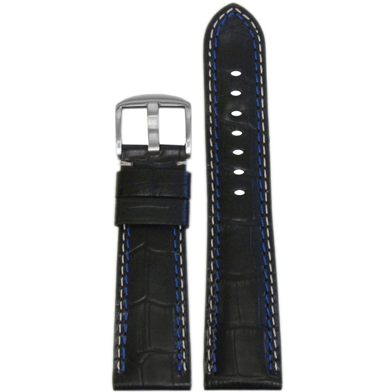 Embossed Leather Watch Band | Gator Print | Black | White & Blue Stitch | for Panerai Radiomir