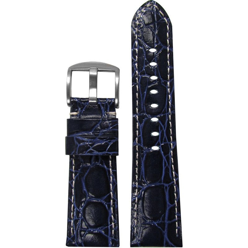 Glossy Embossed Leather Watch Band | Gator Print | Dark Blue | Colored Stitch | for Panerai Radiomir