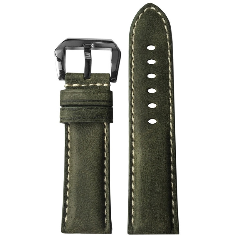 Vintage Leather Watch Band | Padded | Olive | White Stitch | For Panerai
