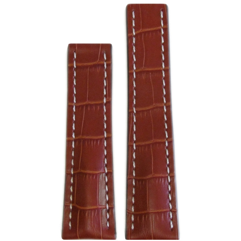 Embossed Leather Watch Band | Gator Print | Cognac | White Stitch | For Breitling Deploy