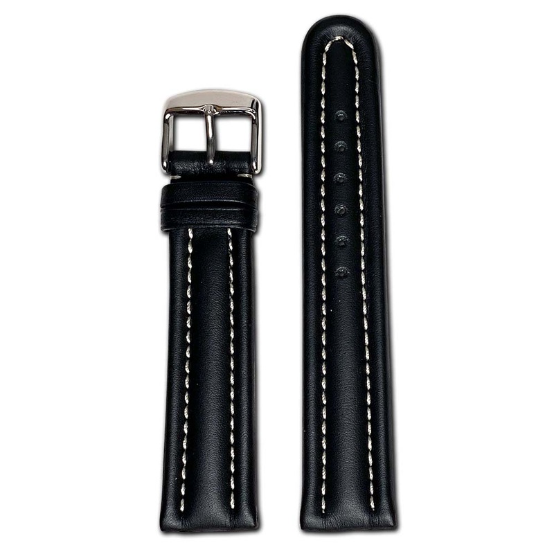 22mm Smart Watch Band | Quick Release | Calf Leather | Black | White Stitch