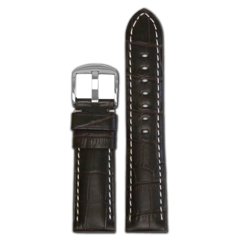 Embossed Leather Gator Print Watch Band | Padded | Chocolate | White Stitch | For Panerai