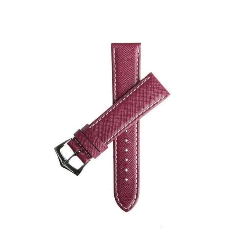 Burgundy Saffiano Folded Edge White Stitches Watch Strap Burgundy