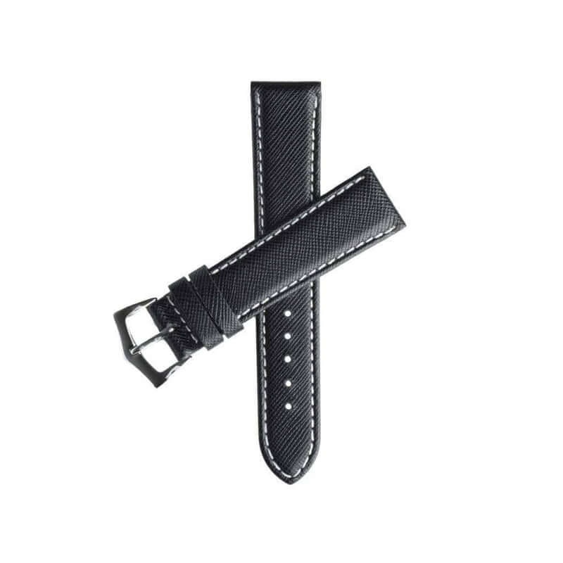 Black Saffiano Folded Edge White Stitches Watch Strap Black