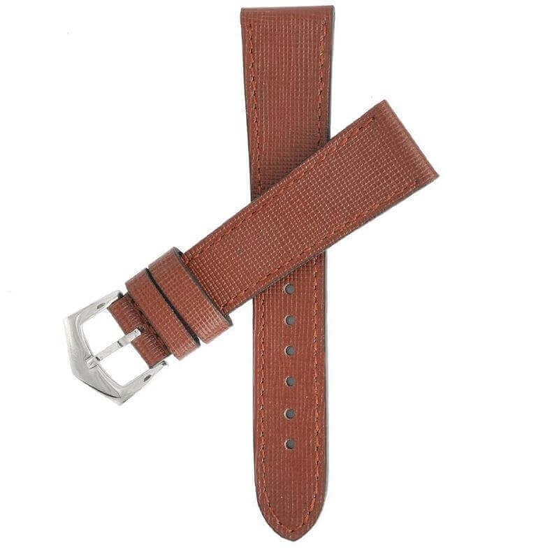 Brown Saffiano  Leather Tone Stitching  Watch Strap Cognac