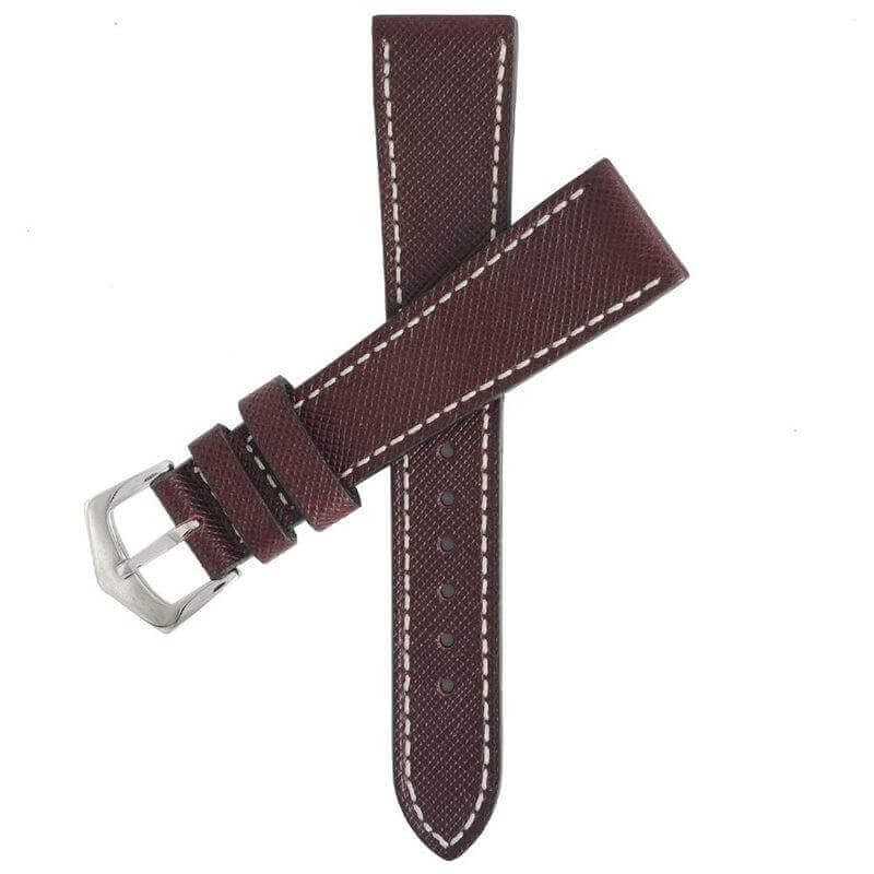 Burgundy Saffiano Leather White Stitches Watch Strap Burgundy